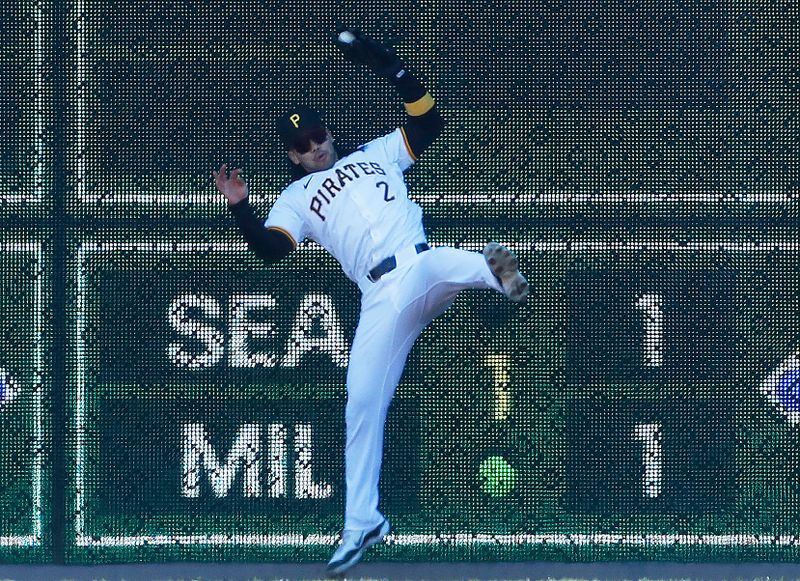 Apr 7, 2024; Pittsburgh, Pennsylvania, USA; Pittsburgh Pirates right fielder Connor Joe (2) makes a catch for an out on a ball hit by catcher James McCann (not pictured) during the fifth inning at PNC Park. Mandatory Credit: Charles LeClaire-USA TODAY Sports