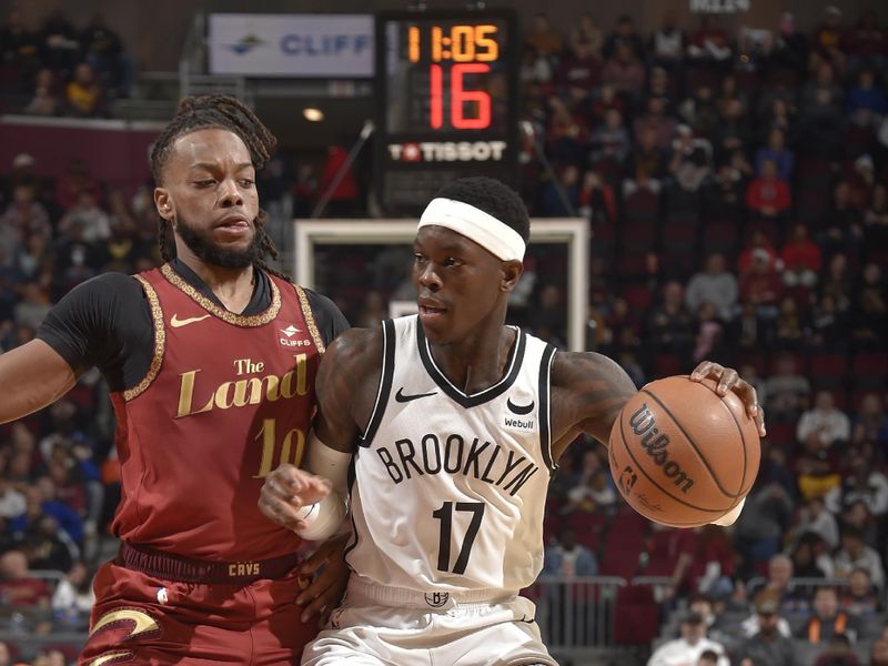 CLEVELAND, OH - MARCH 10: Dennis Schroder #17 of the Brooklyn Nets dribbles the ball during the game against the Cleveland Cavaliers on March 10, 2024 at Rocket Mortgage FieldHouse in Cleveland, Ohio. NOTE TO USER: User expressly acknowledges and agrees that, by downloading and/or using this Photograph, user is consenting to the terms and conditions of the Getty Images License Agreement. Mandatory Copyright Notice: Copyright 2024 NBAE (Photo by David Liam Kyle/NBAE via Getty Images)