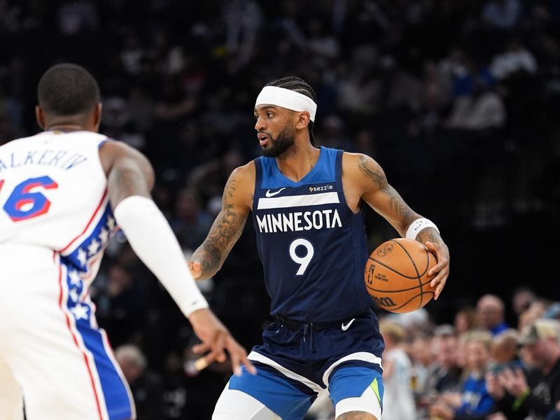 MINNEAPOLIS, MN -  MARCH 4:  Nickeil Alexander-Walker #9 of the Minnesota Timberwolves handles the ball during the game against the Philadelphia 76ers on March 4, 2025 at Target Center in Minneapolis, Minnesota. NOTE TO USER: User expressly acknowledges and agrees that, by downloading and or using this Photograph, user is consenting to the terms and conditions of the Getty Images License Agreement. Mandatory Copyright Notice: Copyright 2025 NBAE (Photo by Jordan Johnson/NBAE via Getty Images)