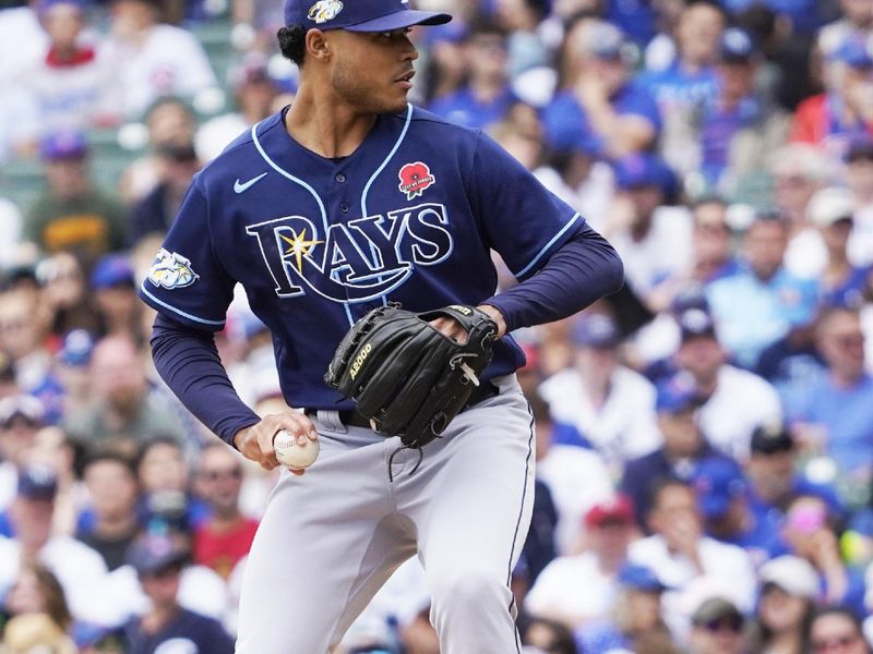 May 29, 2023; Chicago, Illinois, USA; Tampa Bay Rays starting pitcher Taj Bradley (45) throws the ball against the Chicago Cubs during the first inning at Wrigley Field. Mandatory Credit: David Banks-USA TODAY Sports