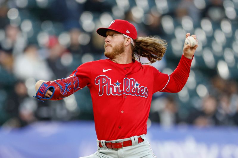 Apr 18, 2023; Chicago, Illinois, USA; Philadelphia Phillies starting pitcher Bailey Falter (70) delivers against the Chicago White Sox during the second inning of game two of the doubleheader at Guaranteed Rate Field. Mandatory Credit: Kamil Krzaczynski-USA TODAY Sports