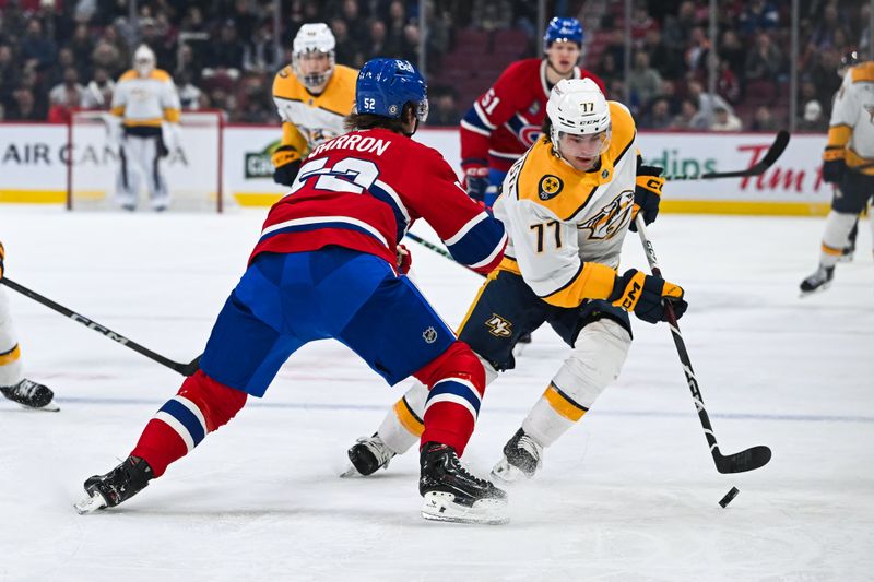 Dec 5, 2024; Montreal, Quebec, CAN; Montreal Canadiens defenseman Justin Barron (52) defends against Nashville Predators right wing Luke Evangelista (77) during the first period at Bell Centre. Mandatory Credit: David Kirouac-Imagn Images