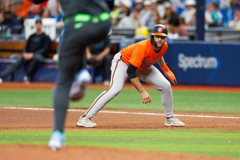 Jun 8, 2024; St. Petersburg, Florida, USA;  Baltimore Orioles outfielder Colton Cowser (17) looks on against the Tampa Bay Rays in the seventh inning at Tropicana Field. Mandatory Credit: Nathan Ray Seebeck-USA TODAY Sports