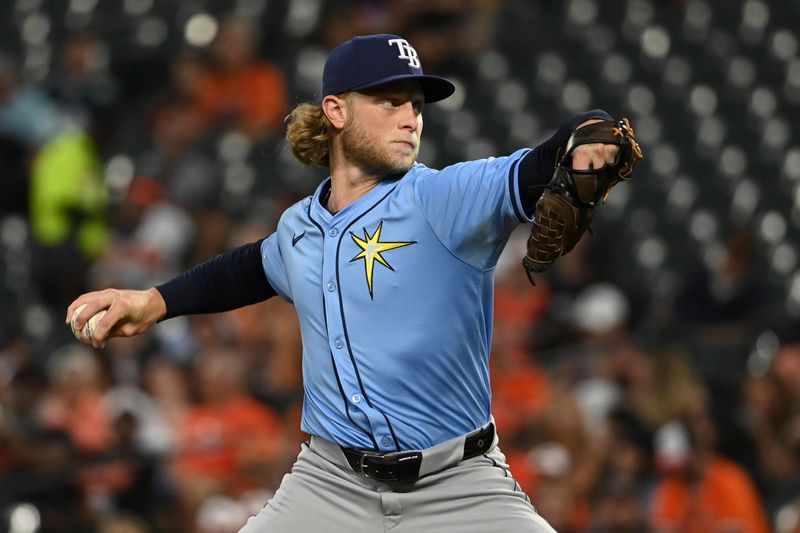 Sep 6, 2024; Baltimore, Maryland, USA;  Tampa Bay Rays pitcher Shane Baz (11) throws a second inning pitch against the Baltimore Orioles at Oriole Park at Camden Yards. Mandatory Credit: Tommy Gilligan-Imagn Images