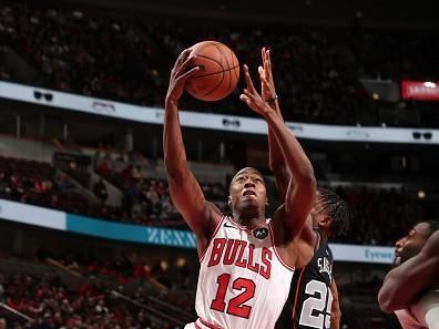 CHICAGO, IL - NOVEMBER 12: Ayo Dosunmu #12 of the Chicago Bulls drives to the basket during the game against the Detroit Pistons on November 12, 2023 at United Center in Chicago, Illinois. NOTE TO USER: User expressly acknowledges and agrees that, by downloading and or using this photograph, User is consenting to the terms and conditions of the Getty Images License Agreement. Mandatory Copyright Notice: Copyright 2023 NBAE (Photo by Gary Dineen/NBAE via Getty Images)