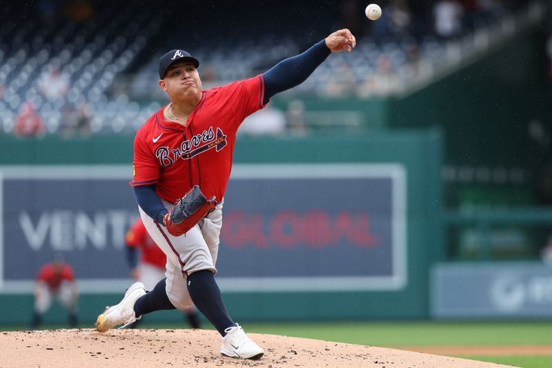 Sep 16, 2025; Washington, District of Columbia, USA; Atlanta Braves starting pitcher Jose Suarez (54) pitches Washington Nationals during the first inning at Nationals Park. Mandatory Credit: Geoff Burke-Imagn Images