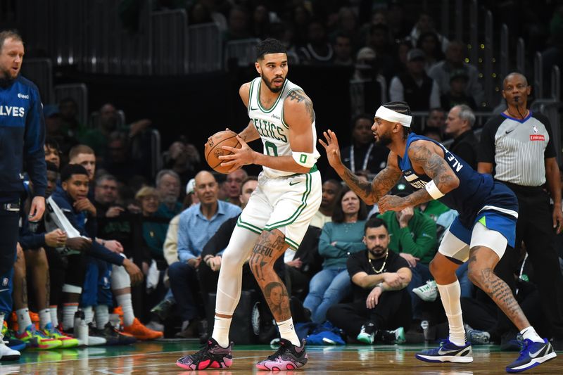 BOSTON, MA - NOVEMBER 24: Jayson Tatum #0 of the Boston Celtics handles the ball during the game against the Minnesota Timberwolves on November 24, 2024 at the TD Garden in Boston, Massachusetts. NOTE TO USER: User expressly acknowledges and agrees that, by downloading and or using this photograph, User is consenting to the terms and conditions of the Getty Images License Agreement. Mandatory Copyright Notice: Copyright 2024 NBAE(Photo by Brian Babineau/NBAE via Getty Images)