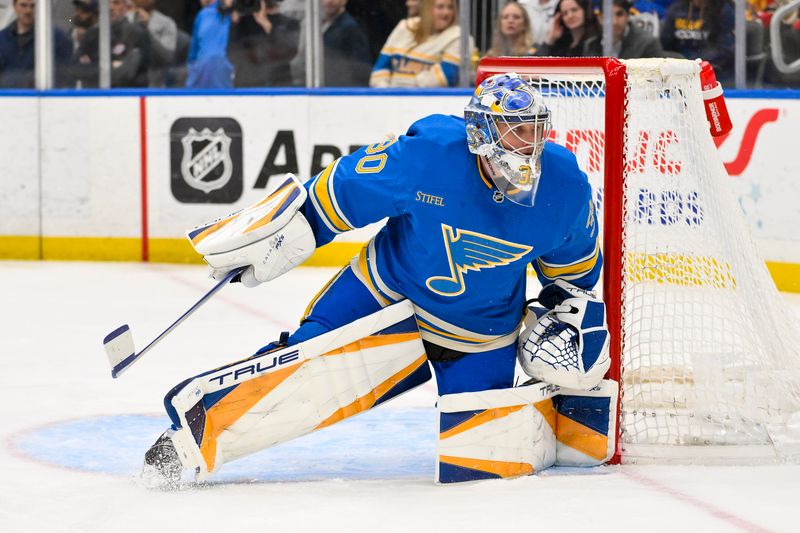 Mar 22, 2025; St. Louis, Missouri, USA;  St. Louis Blues goaltender Joel Hofer (30) defends the net against the Chicago Blackhawks during the first period at Enterprise Center. Mandatory Credit: Jeff Curry-Imagn Images