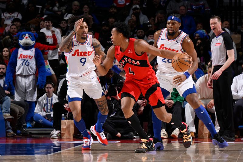 PHILADELPHIA, PA - FEBRUARY 11:   Scottie Barnes #4 of the Toronto Raptors dribbles the ball during the game against the Philadelphia 76ers on February 11, 2025 at the Wells Fargo Center in Philadelphia, Pennsylvania NOTE TO USER: User expressly acknowledges and agrees that, by downloading and/or using this Photograph, user is consenting to the terms and conditions of the Getty Images License Agreement. Mandatory Copyright Notice: Copyright 2025 NBAE (Photo by David Dow/NBAE via Getty Images)