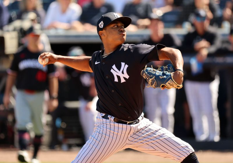 Feb 26, 2024; Tampa, Florida, USA; New York Yankees pitcher Luis Velasquez (92) throws a pitch during the third inning against the Minnesota Twins at George M. Steinbrenner Field. Mandatory Credit: Kim Klement Neitzel-USA TODAY Sports