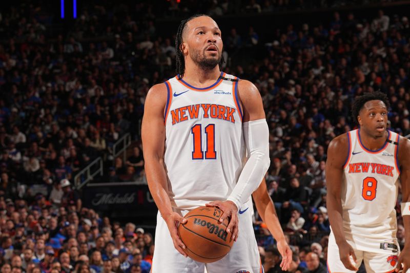 NEW YORK, NY - MAY 21:  Jalen Brunson #11 of the New York Knicks shoots a free throw during the game against the Indiana Pacers   during Game 1 of the 2025 Eastern Conference Finals on May 21, 2025 at Madison Square Garden in New York City, New York.  NOTE TO USER: User expressly acknowledges and agrees that, by downloading and or using this photograph, User is consenting to the terms and conditions of the Getty Images License Agreement. Mandatory Copyright Notice: Copyright 2025 NBAE  (Photo by Jesse D. Garrabrant/NBAE via Getty Images)