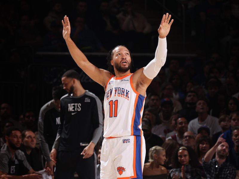 NEW YORK, NY - NOVEMBER 17: Jalen Brunson #11 of the New York Knicks celebrates during the game against the Brooklyn Nets on November 17, 2024 at Madison Square Garden in New York City, New York.  NOTE TO USER: User expressly acknowledges and agrees that, by downloading and or using this photograph, User is consenting to the terms and conditions of the Getty Images License Agreement. Mandatory Copyright Notice: Copyright 2024 NBAE  (Photo by Nathaniel S. Butler/NBAE via Getty Images)