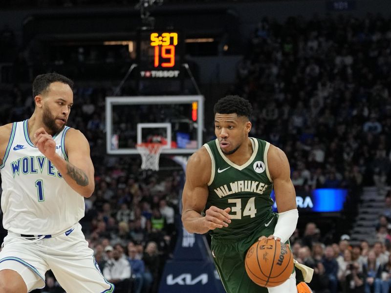 MINNEAPOLIS, MN -  FEBRUARY 23: Giannis Antetokounmpo #34 of the Milwaukee Bucks dribbles the ball during the game against the Minnesota Timberwolves on February 23, 2024 at Target Center in Minneapolis, Minnesota. NOTE TO USER: User expressly acknowledges and agrees that, by downloading and or using this Photograph, user is consenting to the terms and conditions of the Getty Images License Agreement. Mandatory Copyright Notice: Copyright 2024 NBAE (Photo by Jordan Johnson/NBAE via Getty Images)