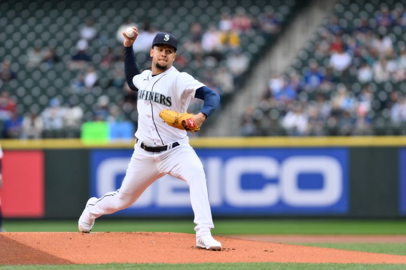 Jun 14, 2023; Seattle, Washington, USA; Seattle Mariners starting pitcher Luis Castillo (58) pitches to the Miami Marlins during the first inning at T-Mobile Park. Mandatory Credit: Steven Bisig-USA TODAY Sports