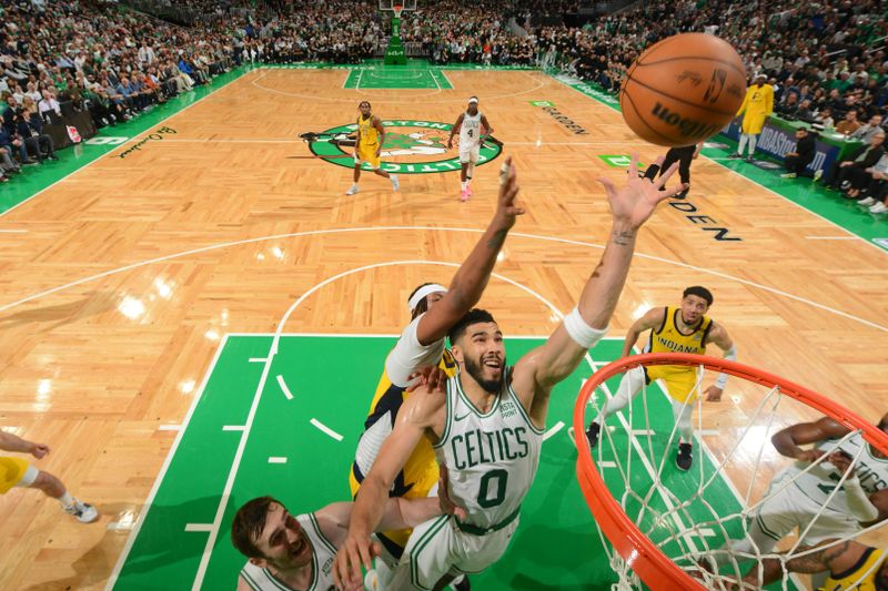 BOSTON, MA - MAY 21: Jayson Tatum #0 of the Boston Celtics drives to the basket during the game against the Indiana Pacers during Game 1 of the Eastern Conference Finals of the 2024 NBA Playoffs on May 21, 2024 at the TD Garden in Boston, Massachusetts. NOTE TO USER: User expressly acknowledges and agrees that, by downloading and or using this photograph, User is consenting to the terms and conditions of the Getty Images License Agreement. Mandatory Copyright Notice: Copyright 2024 NBAE  (Photo by Brian Babineau/NBAE via Getty Images)