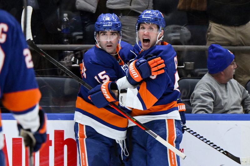 Dec 7, 2023; Elmont, New York, USA; New York Islanders right wing Cal Clutterbuck (15) celebrates with New York Islanders center Casey Cizikas (53) after scoring a goal against the Columbus Blue Jackets during the second period at UBS Arena. Mandatory Credit: John Jones-USA TODAY Sports