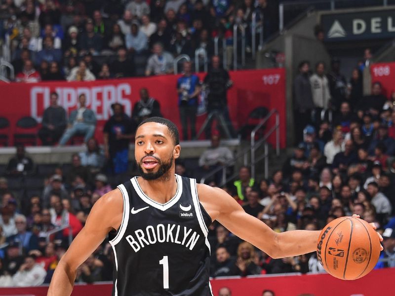 LOS ANGELES, CA - JANUARY 21: Mikal Bridges #1 of the Brooklyn Nets handles the ball during the game against the LA Clippers on January 21, 2024 at Crypto.Com Arena in Los Angeles, California. NOTE TO USER: User expressly acknowledges and agrees that, by downloading and/or using this Photograph, user is consenting to the terms and conditions of the Getty Images License Agreement. Mandatory Copyright Notice: Copyright 2024 NBAE (Photo by Adam Pantozzi/NBAE via Getty Images)