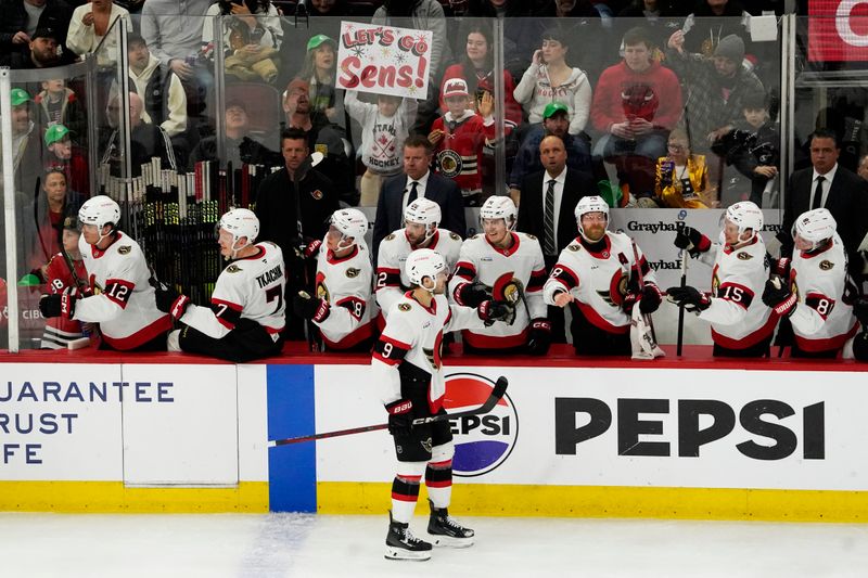 Mar 5, 2025; Chicago, Illinois, USA; Ottawa Senators center Josh Norris (9) celebrates his goal against the Chicago Blackhawks during the second period at United Center. Mandatory Credit: David Banks-Imagn Images