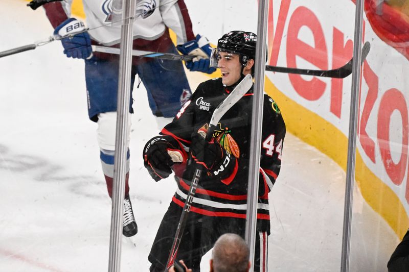 Mar 20, 2026; Chicago, Illinois, USA;  Chicago Blackhawks defenseman Wyatt Kaiser (44) celebrates after he scores past Colorado Avalanche goaltender MacKenzie Blackwood (39) during the second period at United Center. Mandatory Credit: Matt Marton-Imagn Images