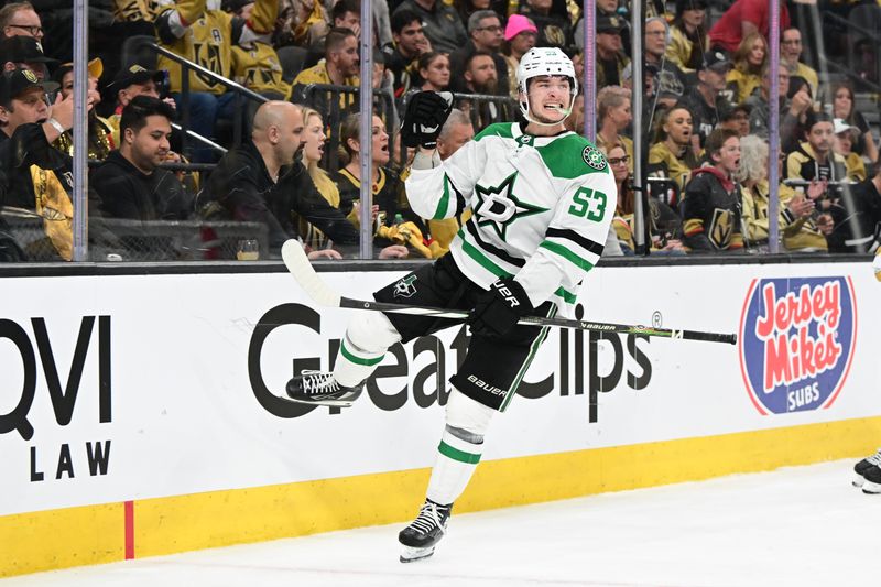 Apr 27, 2024; Las Vegas, Nevada, USA; Dallas Stars center Wyatt Johnston (53) celebrates his overtime goal against the Vegas Golden Knights in game three of the first round of the 2024 Stanley Cup Playoffs at T-Mobile Arena. Mandatory Credit: Candice Ward-USA TODAY Sports