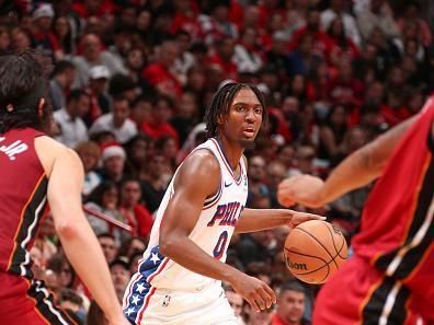 MIAMI, FL - DECEMBER 25:  Tyrese Maxey #0 of the Philadelphia 76ers handles the ball during the game  on December 25, 2023 at Kaseya Center Arena in Miami, Florida. NOTE TO USER: User expressly acknowledges and agrees that, by downloading and or using this Photograph, user is consenting to the terms and conditions of the Getty Images License Agreement. Mandatory Copyright Notice: Copyright 2023 NBAE (Photo by Issac Baldizon/NBAE via Getty Images)