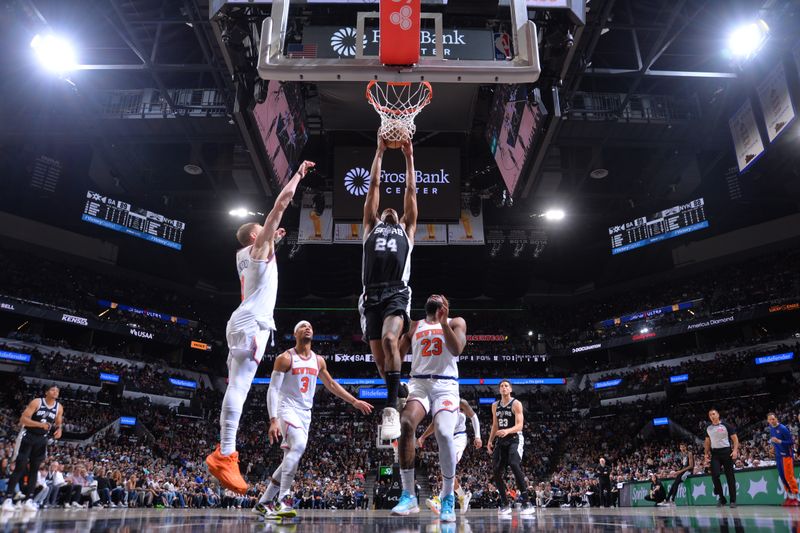 SAN ANTONIO, TX - MARCH 29: Devin Vassell #24 of the San Antonio Spurs drives to the basket during the game against the New York Knicks on March 29, 2024 at the Frost Bank Center in San Antonio, Texas. NOTE TO USER: User expressly acknowledges and agrees that, by downloading and or using this photograph, user is consenting to the terms and conditions of the Getty Images License Agreement. Mandatory Copyright Notice: Copyright 2024 NBAE (Photos by Michael Gonzales/NBAE via Getty Images)