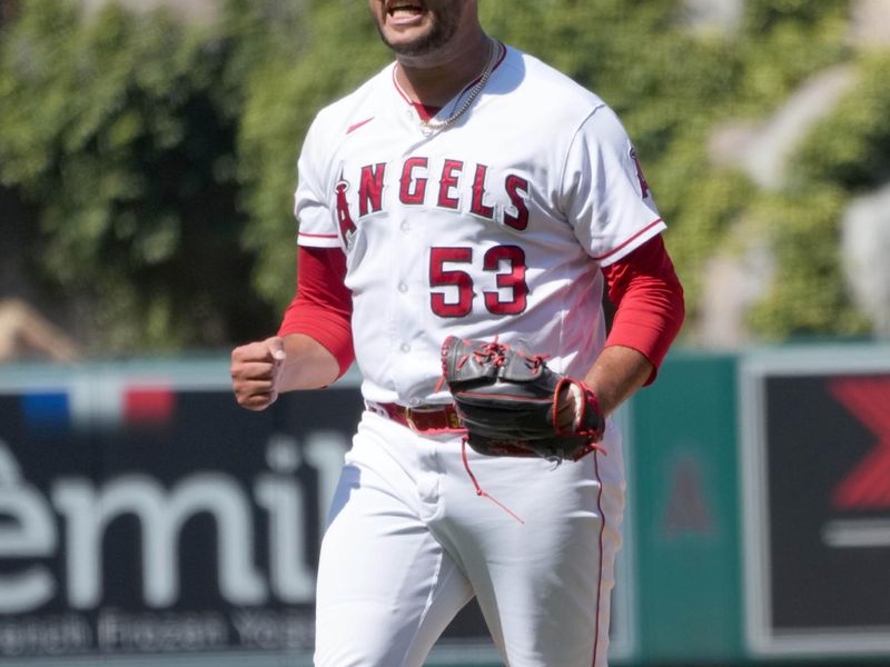 Jul 2, 2023; Anaheim, California, USA; Los Angeles Angels relief pitcher Carlos Estevez (53) celebrates at the end of the game against the Arizona Diamondbacks at Angel Stadium. Mandatory Credit: Kirby Lee-USA TODAY Sports