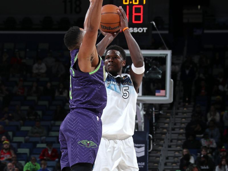 NEW ORLEANS, LA - JANUARY 7: Anthony Edwards #5 of the Minnesota Timberwolves three point basket during the game against the New Orleans Pelicans on January 7, 2025 at the Smoothie King Center in New Orleans, Louisiana. NOTE TO USER: User expressly acknowledges and agrees that, by downloading and or using this Photograph, user is consenting to the terms and conditions of the Getty Images License Agreement. Mandatory Copyright Notice: Copyright 2025 NBAE(Photo by Layne Murdoch Jr./NBAE via Getty Images)