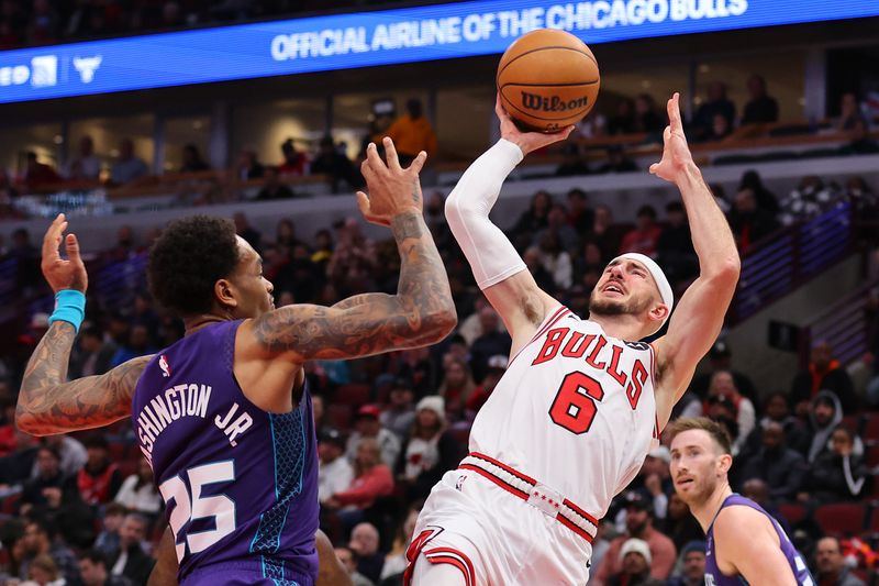 CHICAGO, ILLINOIS - DECEMBER 06: Alex Caruso #6 of the Chicago Bulls shoots over P.J. Washington #25 of the Charlotte Hornets during the first half at the United Center on December 06, 2023 in Chicago, Illinois. NOTE TO USER: User expressly acknowledges and agrees that, by downloading and or using this photograph, User is consenting to the terms and conditions of the Getty Images License Agreement.  (Photo by Michael Reaves/Getty Images)