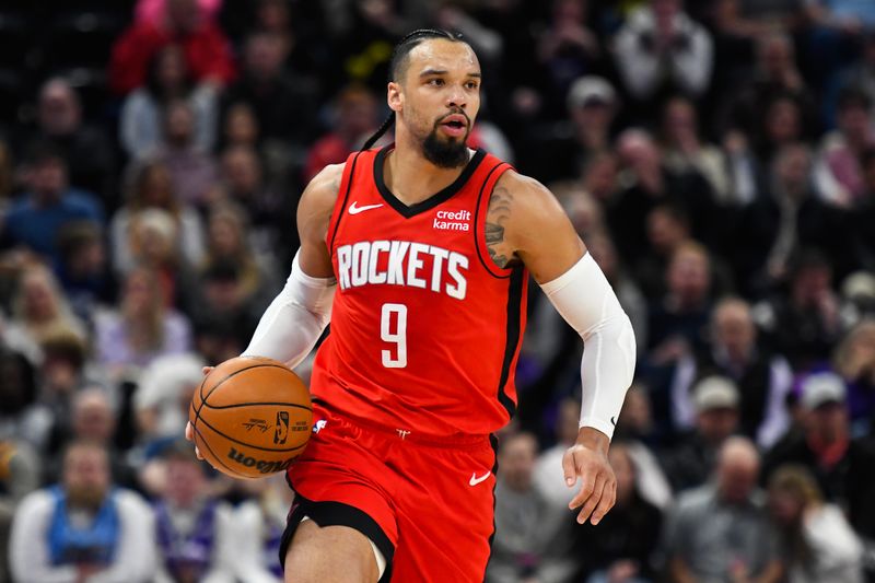 SALT LAKE CITY, UTAH - MARCH 29: Dillon Brooks #9 of the Houston Rockets in action during the first half of a game against the Utah Jazz at Delta Center on March 29, 2024 in Salt Lake City, Utah. NOTE TO USER: User expressly acknowledges and agrees that, by downloading and or using this photograph, User is consenting to the terms and conditions of the Getty Images License Agreement.  (Photo by Alex Goodlett/Getty Images)