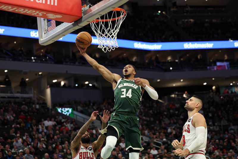 MILWAUKEE, WISCONSIN - NOVEMBER 20: Giannis Antetokounmpo #34 of the Milwaukee Bucks drives to the basket during the second half of a game against the Chicago Bulls at Fiserv Forum on November 20, 2024 in Milwaukee, Wisconsin. NOTE TO USER: User expressly acknowledges and agrees that, by downloading and or using this photograph, User is consenting to the terms and conditions of the Getty Images License Agreement. (Photo by Stacy Revere/Getty Images)