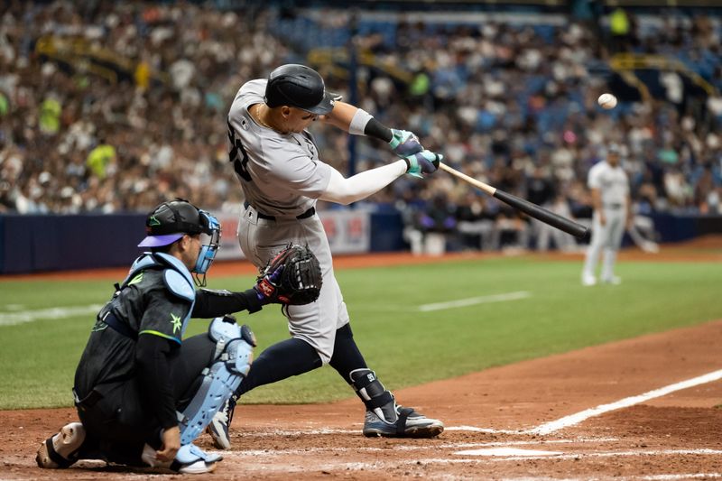 May 11, 2024; St. Petersburg, Florida, USA; New York Yankees outfielder Aaron Judge (99) fouls a pitch against the Tampa Bay Rays during the sixth inning at Tropicana Field. Mandatory Credit: Matt Pendleton-USA TODAY Sports