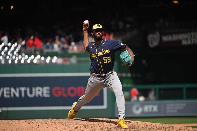 Aug 4, 2024; Washington, District of Columbia, USA; Milwaukee Brewers relief pitcher Elvis Peguero (59) throws a pitch against the Washington Nationals during the seventh inning at Nationals Park. Mandatory Credit: Rafael Suanes-USA TODAY Sports