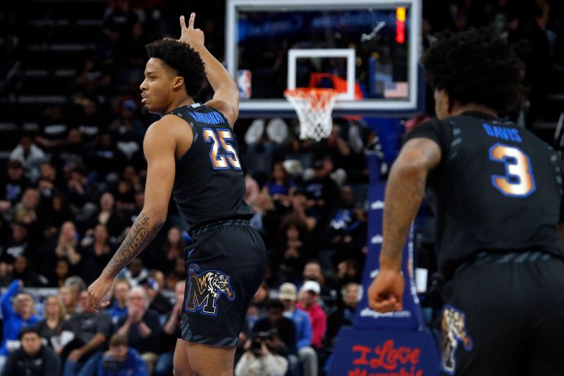 Jan 26, 2023; Memphis, Tennessee, USA; Memphis Tigers guard Jayden Hardaway (25) reacts after a three point basket during the first half against the Southern Methodist Mustangs at FedExForum. Mandatory Credit: Petre Thomas-USA TODAY Sports