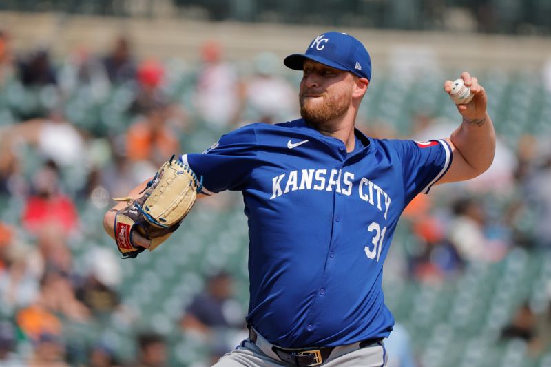 Aug 4, 2024; Detroit, Michigan, USA;  Kansas City Royals pitcher Will Smith (31) pitches in the seventh inning against the Detroit Tigers at Comerica Park. Mandatory Credit: Rick Osentoski-USA TODAY Sports