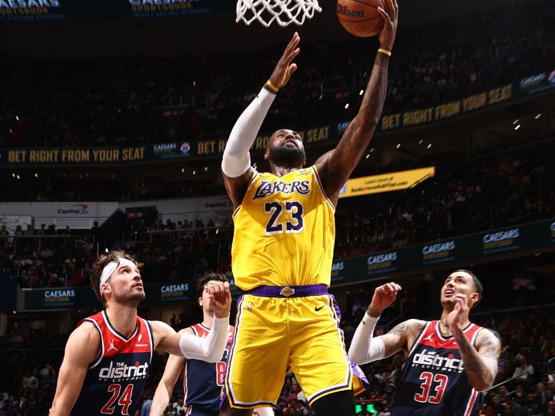 WASHINGTON, DC -? APRIL 4: LeBron James #23 of the Los Angeles Lakers drives to the basket during the game against the Washington Wizards on April 4, 2024 at Capital One Arena in Washington, DC. NOTE TO USER: User expressly acknowledges and agrees that, by downloading and or using this Photograph, user is consenting to the terms and conditions of the Getty Images License Agreement. Mandatory Copyright Notice: Copyright 2024 NBAE (Photo by Kenny Giarla/NBAE via Getty Images)