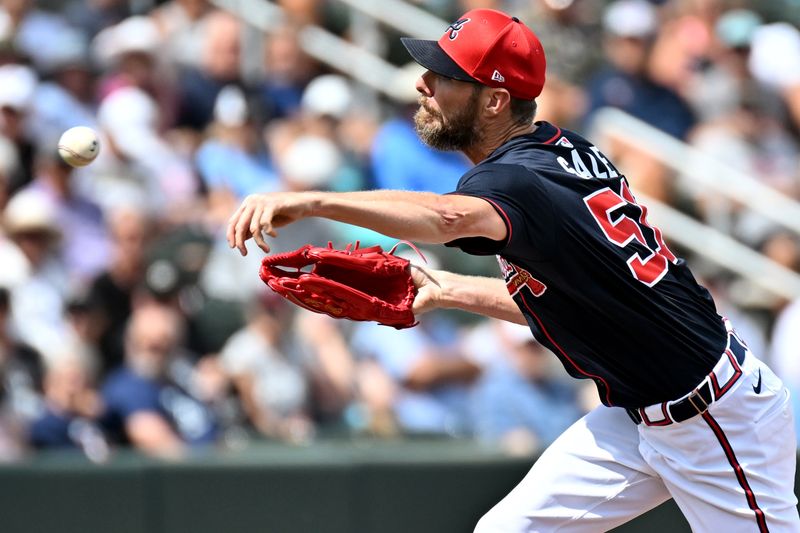 Mar 4, 2025; North Port, Florida, USA; Atlanta Braves starting pitcher Chris Sale (51) throws a pitch in the first inning against the Minnesota Twins during spring training at CoolToday Park. Mandatory Credit: Jonathan Dyer-Imagn Images