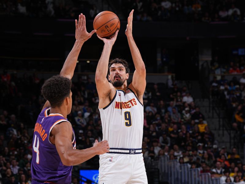 DENVER, CO - OCTOBER 13: Dario Saric #9 of the Denver Nuggets shoots the ball during the game against the Phoenix Suns on October 13, 2024 at Ball Arena in Denver, Colorado. NOTE TO USER: User expressly acknowledges and agrees that, by downloading and/or using this Photograph, user is consenting to the terms and conditions of the Getty Images License Agreement. Mandatory Copyright Notice: Copyright 2024 NBAE (Photo by Garrett Ellwood/NBAE via Getty Images)