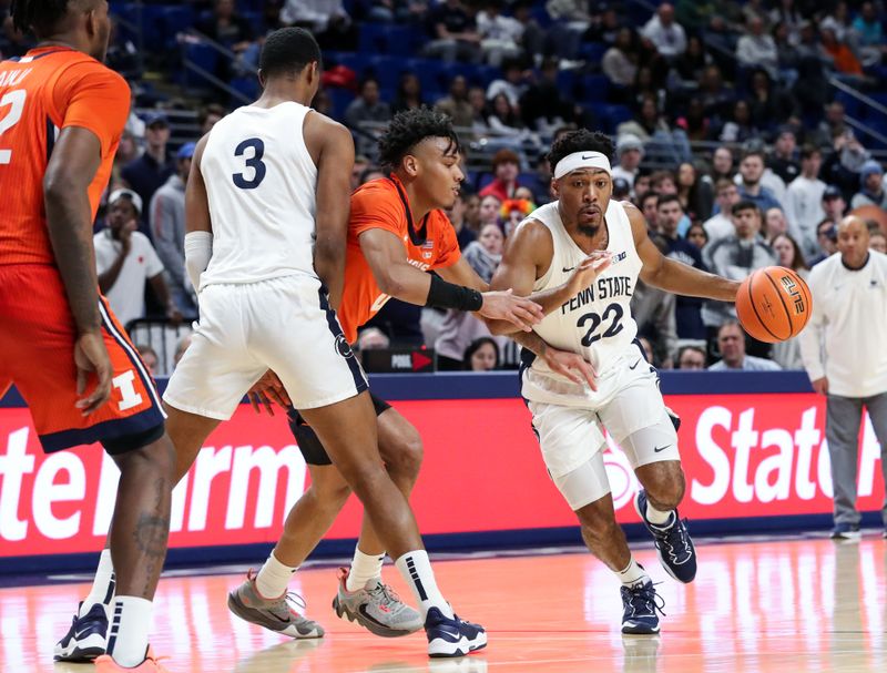 Feb 14, 2023; University Park, Pennsylvania, USA; Penn State Nittany Lions guard Jalen Pickett (22) dribbles the ball around Illinois Fighting Illini guard Terrence Shannon Jr (0) during the first half at Bryce Jordan Center. Penn State defeated Illinois 93-81. Mandatory Credit: Matthew OHaren-USA TODAY Sports