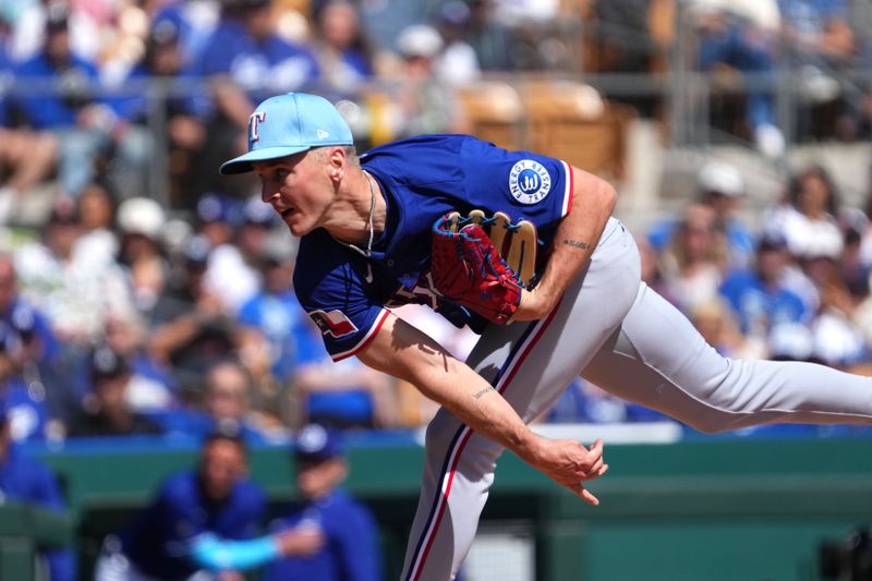 Mar 6, 2025; Phoenix, Arizona, USA; Texas Rangers pitcher  David Buchanan (50) pitches against the Los Angeles Dodgers during the first inning at Camelback Ranch-Glendale. Mandatory Credit: Joe Camporeale-Imagn Images