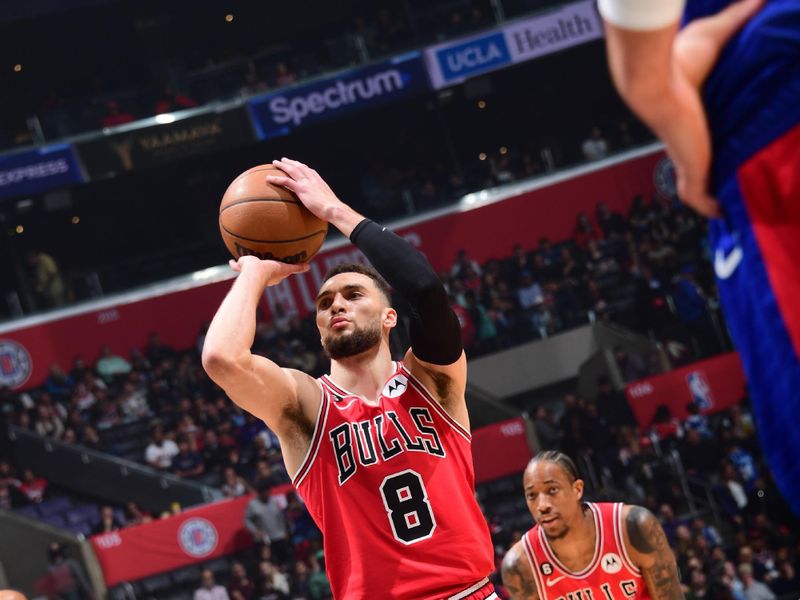 LOS ANGELES, CA - MARCH 27: Zach LaVine #8 of the Chicago Bulls shoots a free throw during the game against the LA Clippers on March 27, 2023 at Crypto.Com Arena in Los Angeles, California. NOTE TO USER: User expressly acknowledges and agrees that, by downloading and/or using this Photograph, user is consenting to the terms and conditions of the Getty Images License Agreement. Mandatory Copyright Notice: Copyright 2023 NBAE (Photo by Adam Pantozzi/NBAE via Getty Images)