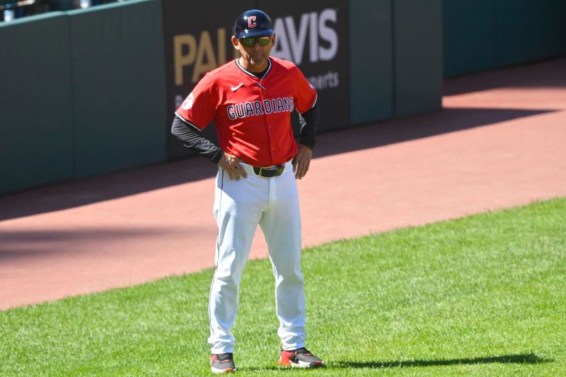Aug 31, 2025; Cleveland, Ohio, USA; Cleveland Guardians third base coach Rouglas Odor (53) stands on the field in the fifth inning against the Seattle Mariners at Progressive Field. Mandatory Credit: David Richard-Imagn Images