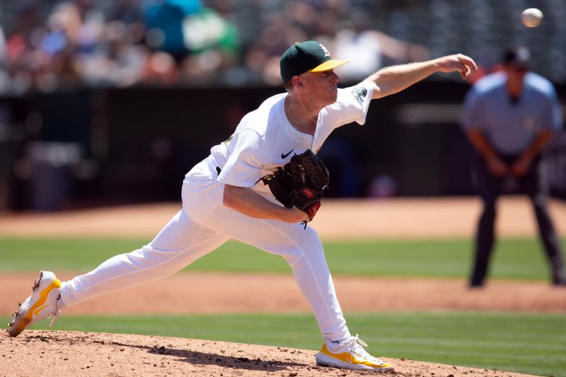 Jul 24, 2024; Oakland, California, USA; Oakland Athletics starting pitcher JP Sears (38) delivers a pitch against the Houston Astros during the second inning at Oakland-Alameda County Coliseum. Mandatory Credit: D. Ross Cameron-USA TODAY Sports