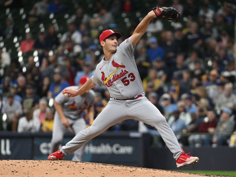 Sep 28, 2023; Milwaukee, Wisconsin, USA;St. Louis Cardinals relief pitcher Andre Pallante (53) delivers a pitch against the Milwaukee Brewers in the sixth inning at American Family Field. Mandatory Credit: Michael McLoone-USA TODAY Sports