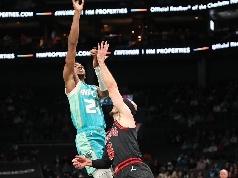 CHARLOTTE, NC - JANUARY 31: Brandon Miller #24 of the Charlotte Hornets shoots the ball during the game against the Chicago Bulls on January 31, 2024 at Spectrum Center in Charlotte, North Carolina. NOTE TO USER: User expressly acknowledges and agrees that, by downloading and or using this photograph, User is consenting to the terms and conditions of the Getty Images License Agreement.  Mandatory Copyright Notice:  Copyright 2024 NBAE (Photo by Brock Williams-Smith/NBAE via Getty Images)