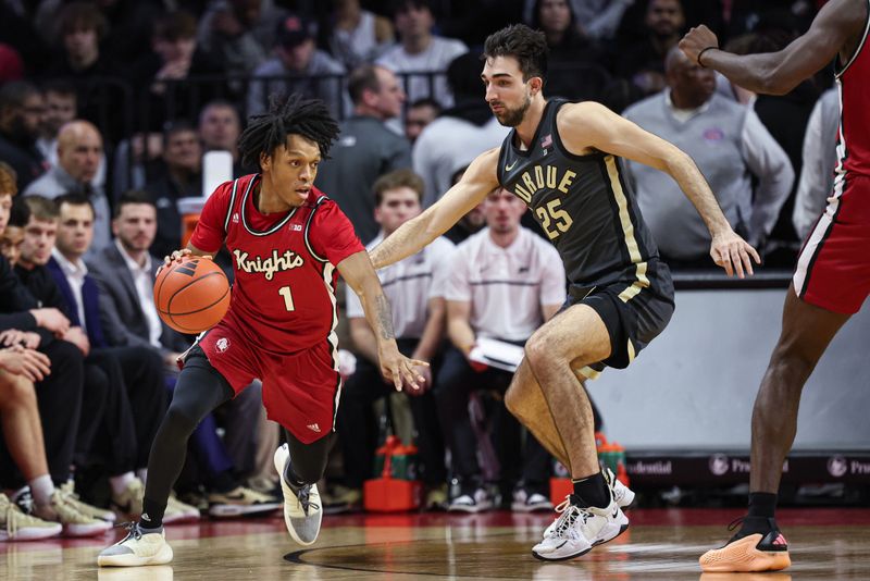 Jan 28, 2024; Piscataway, New Jersey, USA; Rutgers Scarlet Knights guard Jamichael Davis (1) dribbles against Purdue Boilermakers guard Ethan Morton (25) during the first half at Jersey Mike's Arena. Mandatory Credit: Vincent Carchietta-USA TODAY Sports