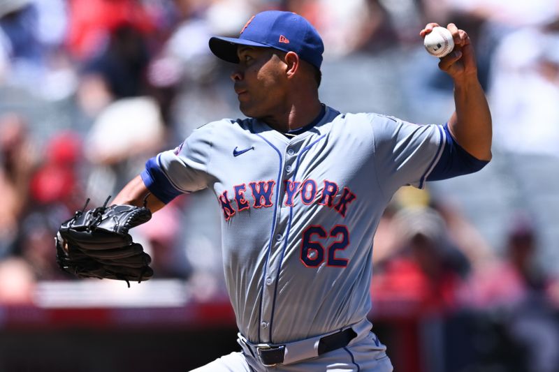 Aug 4, 2024; Anaheim, California, USA; New York Mets pitcher Jose Quintana (62) throws a pitch against the Los Angeles Angels during the first inning at Angel Stadium. Mandatory Credit: Jonathan Hui-USA TODAY Sports