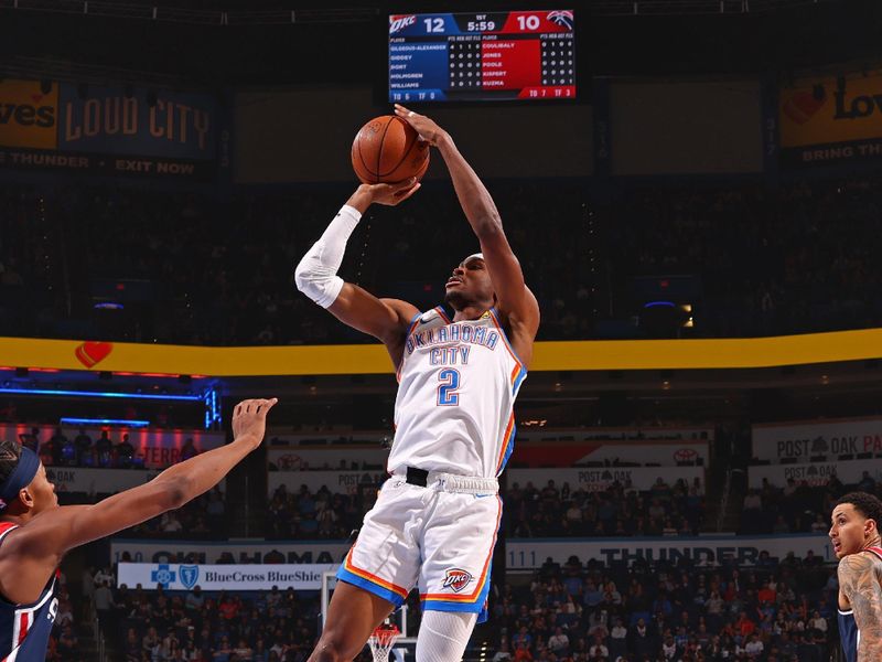 OKLAHOMA CITY, OK - FEBRUARY 23: Shai Gilgeous-Alexander #2 of the Oklahoma City Thunder shoots the ball during the game against the Washington Wizards on February 23, 2024 at Paycom Arena in Oklahoma City, Oklahoma. NOTE TO USER: User expressly acknowledges and agrees that, by downloading and or using this photograph, User is consenting to the terms and conditions of the Getty Images License Agreement. Mandatory Copyright Notice: Copyright 2024 NBAE (Photo by Zach Beeker/NBAE via Getty Images)