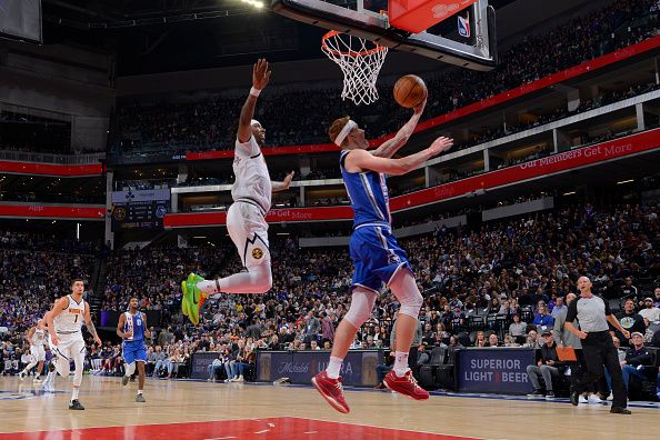 SACRAMENTO, CA - DECEMBER 2: Kevin Huerter #9 of the Sacramento Kings shoots the ball during the game against the Denver Nuggets on December 2, 2023 at Golden 1 Center in Sacramento, California. NOTE TO USER: User expressly acknowledges and agrees that, by downloading and or using this Photograph, user is consenting to the terms and conditions of the Getty Images License Agreement. Mandatory Copyright Notice: Copyright 2023 NBAE (Photo by Rocky Widner/NBAE via Getty Images)