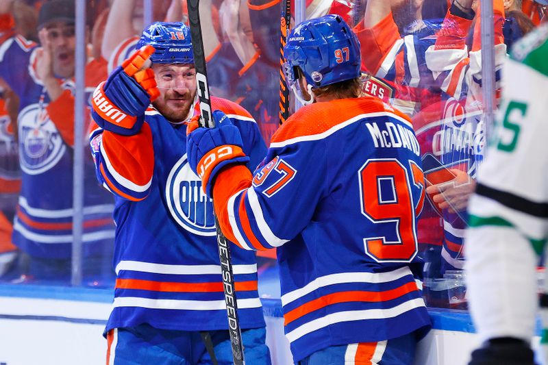 Jun 2, 2024; Edmonton, Alberta, CAN; The Edmonton Oilers celebrate a goal scored by forward Zach Hyman (18) during the first period against the Dallas Stars in game six of the Western Conference Final of the 2024 Stanley Cup Playoffs at Rogers Place. Mandatory Credit: Perry Nelson-USA TODAY Sports